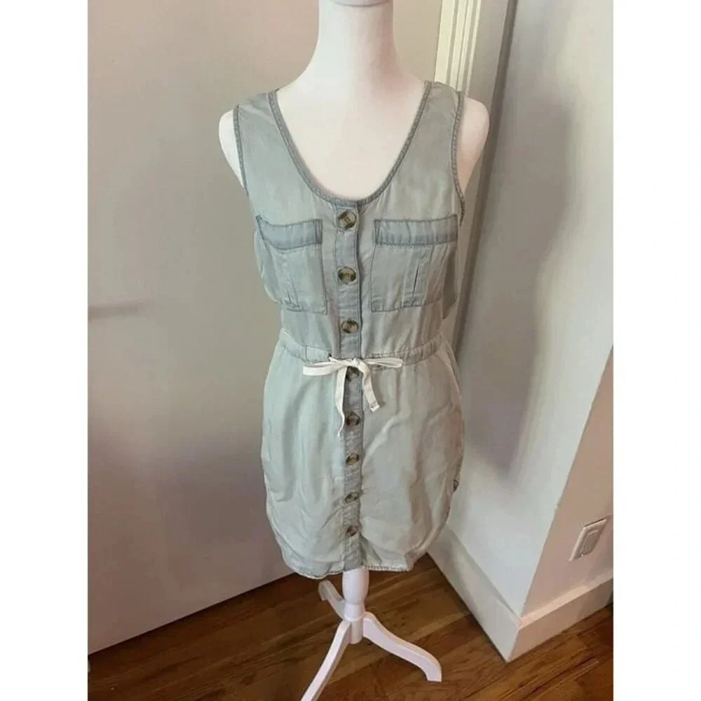 XS Harper Sleeveless Chambray Button Down Mini Dress Light Blue Jean Waist Tie